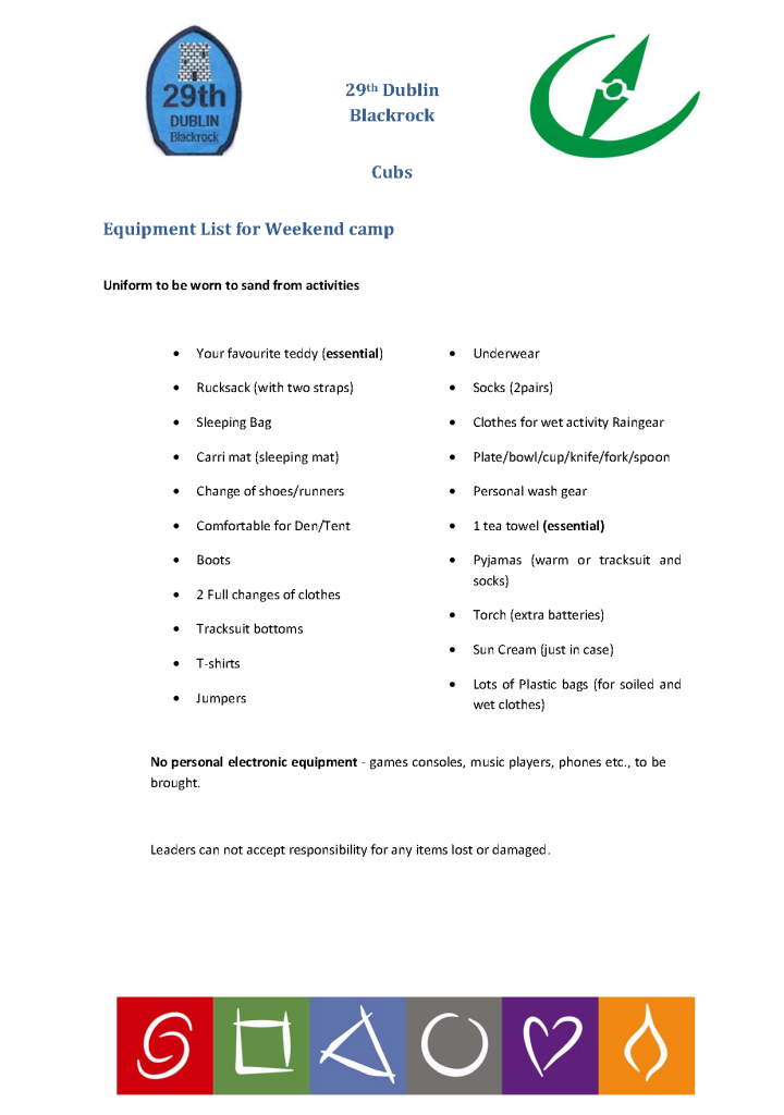 Cub Weekend Equipment List